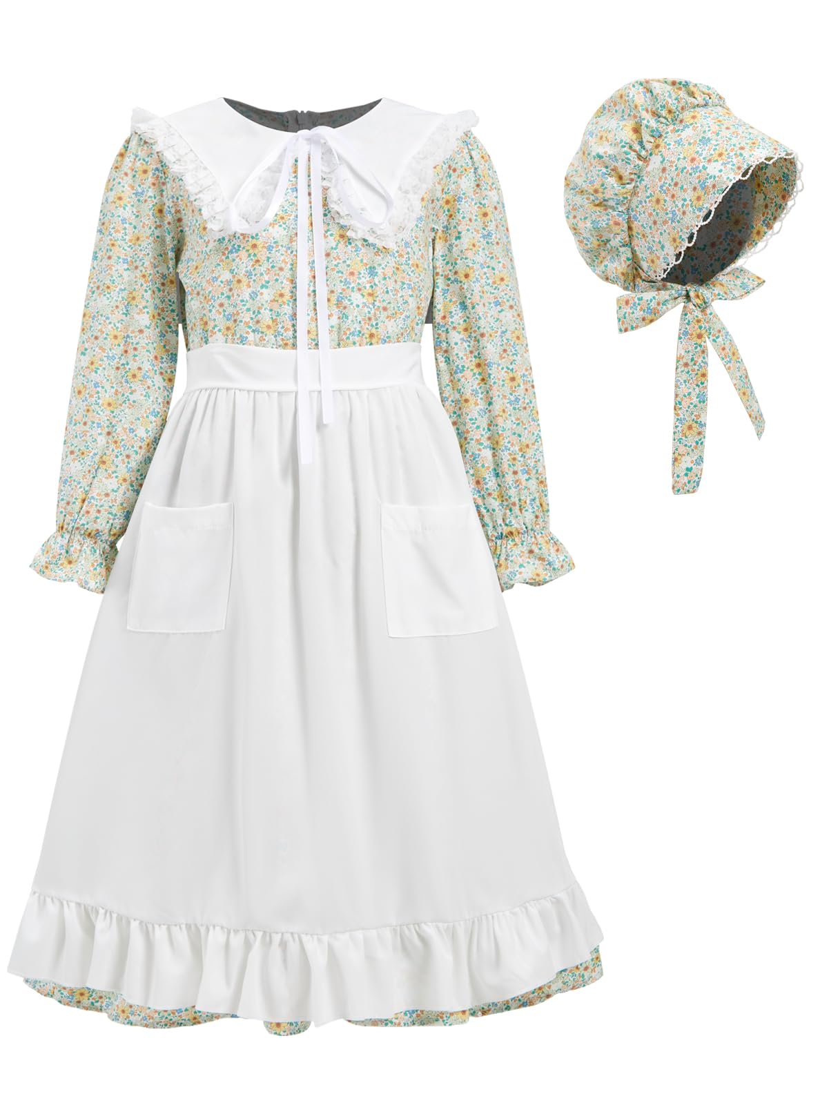 Fortmac Prairie Dress Girls Pioneer Colonial Costume Floral 1800S Pilgrim Costume With Apron And Bonnet Green 9-10Y