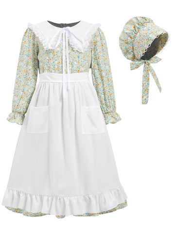 FORTMAC Prairie Dress Girls Pioneer Colonial Costume Floral 1800s Pilgrim Costume with Apron and Bonnet Green 6-7Y