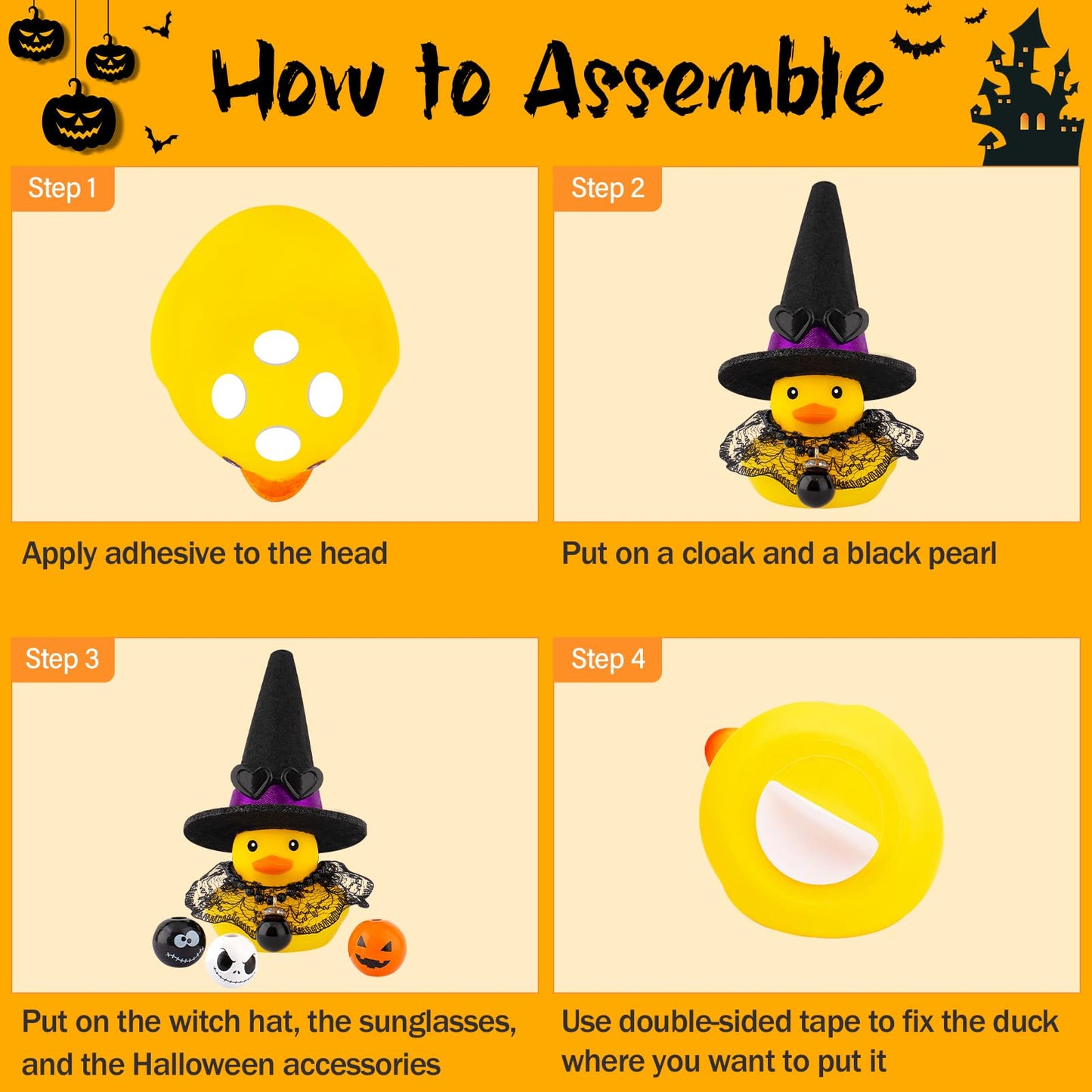 Wonuu Halloween Rubber Duck Witch Duck Car Decorations Halloween Accessories Witch Hat Pumpkin Skull And Cloak, Orange&Long Black Skirt