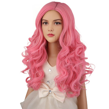 Wavelnm Girls Pink Wig Kids Light Pink Wigs Child Long Wavy Curly Wig Girls Pastel Pink Wig Synthetic Wigs With Wig Cap