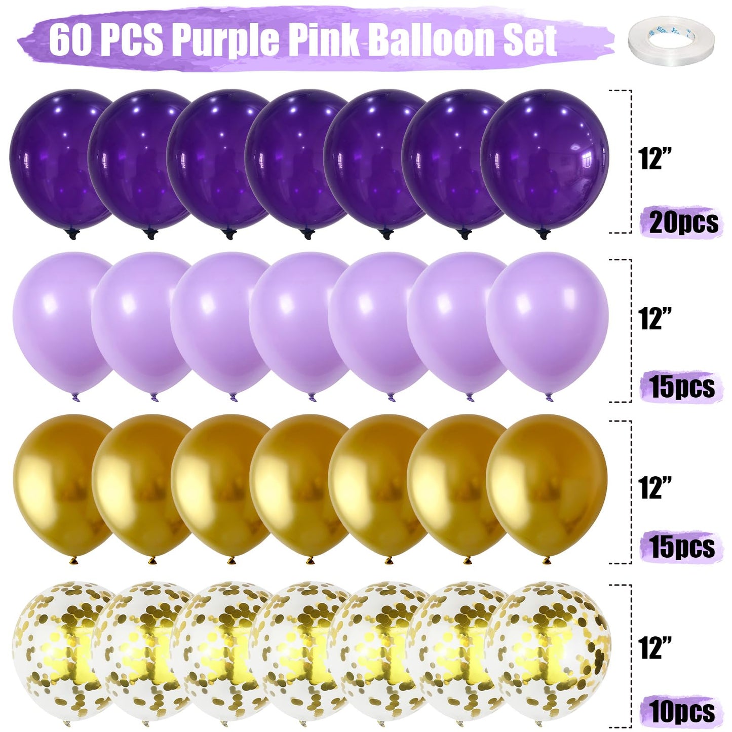 Purple And Gold Balloons, 60 Pcs Dark Purple Gold Balloons Set With Gold Confetti Metallic Gold Balloons, Globos Morados Lavende