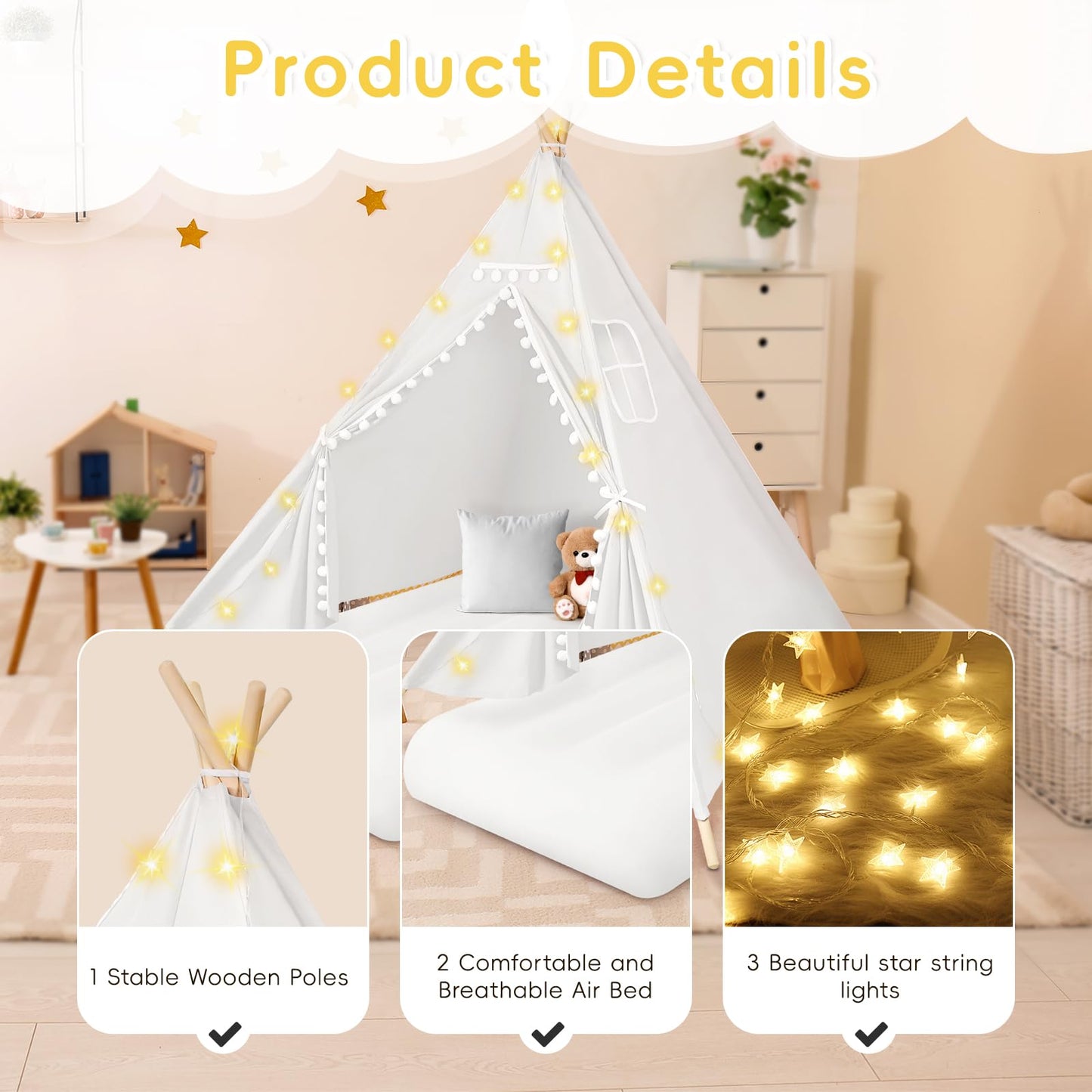 4 Teepee Tent For Kids, Sleepovers Tent For Kids, Inflatable Airbed With Mattresses,Star Lights, Fitted Sheet,Charging Pump, Bir