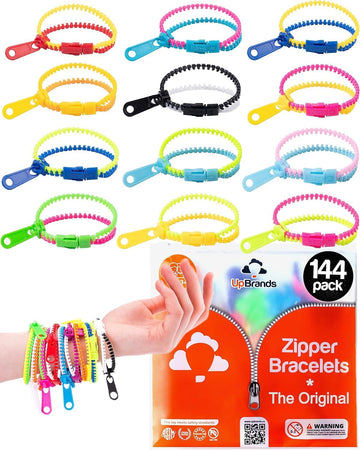 Upbrands 144 Fidget Toys Party Favors For Kids, Friendship Zipper Bracelets 7 ½ “ Sensory Bulk Set Neon Colors, Kit For Valentines, Birthday, Goodie Bags, Easter Egg Basket Stuffers, Pinata Filler
