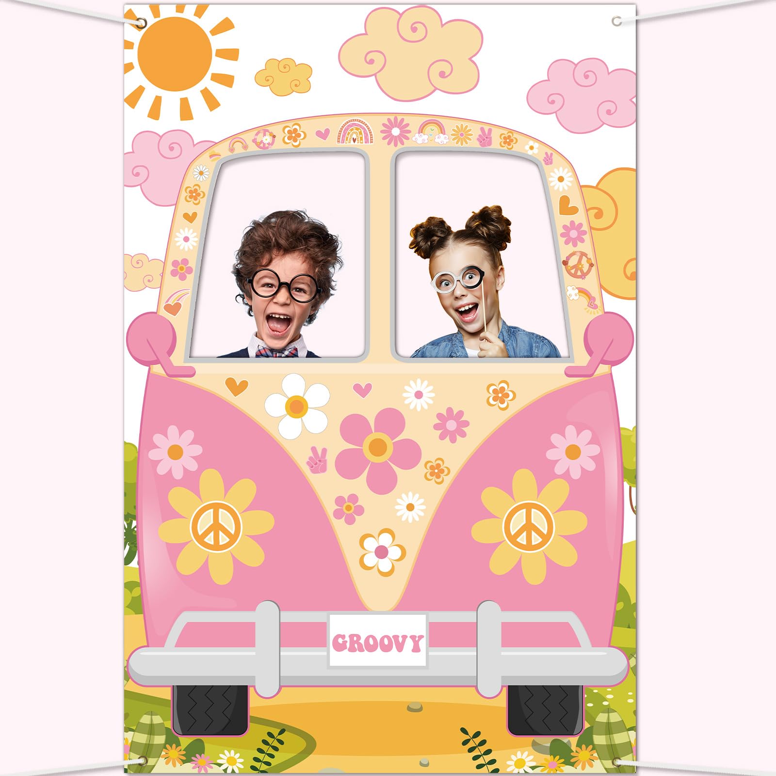 Hippie Bus Photo Prop Groovy Party Decorations Large Fabric Groovy Van Prop Hippie Selfie Frame Backdrop Background Banner Birthday Party Supplies Retro Daisy 60S 70S Party Favors 59 X 39.4 Inch