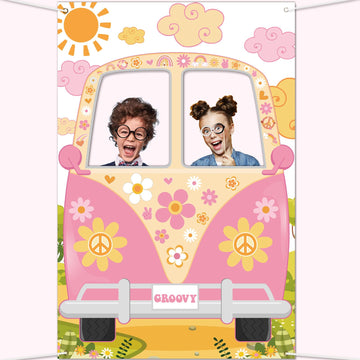 Hippie Bus Photo Prop Groovy Party Decorations Large Fabric Groovy Van Prop Hippie Selfie Frame Backdrop Background Banner Birthday Party Supplies Retro Daisy 60S 70S Party Favors 59 X 39.4 Inch