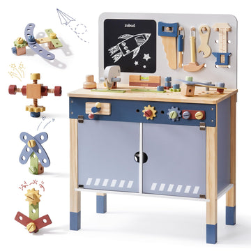 ROBUD Wooden Toy Workbench, Large Kid's Wooden Play Tool, Pretend Play Creative Building Set, Construction Workshop Tool Bench T