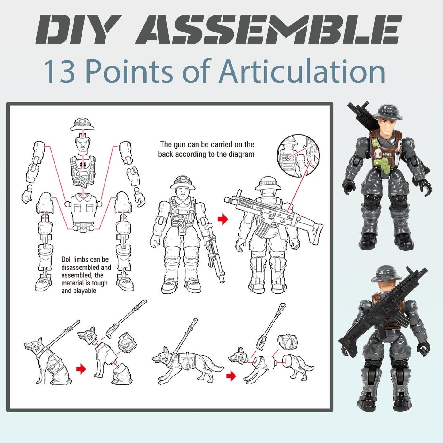 HAPTIME Army Men Action Figures with   Toy Soldiers for Boys  Plastic Army Toys for Boys 6-8  Birthday Gift for Military Collectors (6Pcs Blue + 6Pcs Gray)