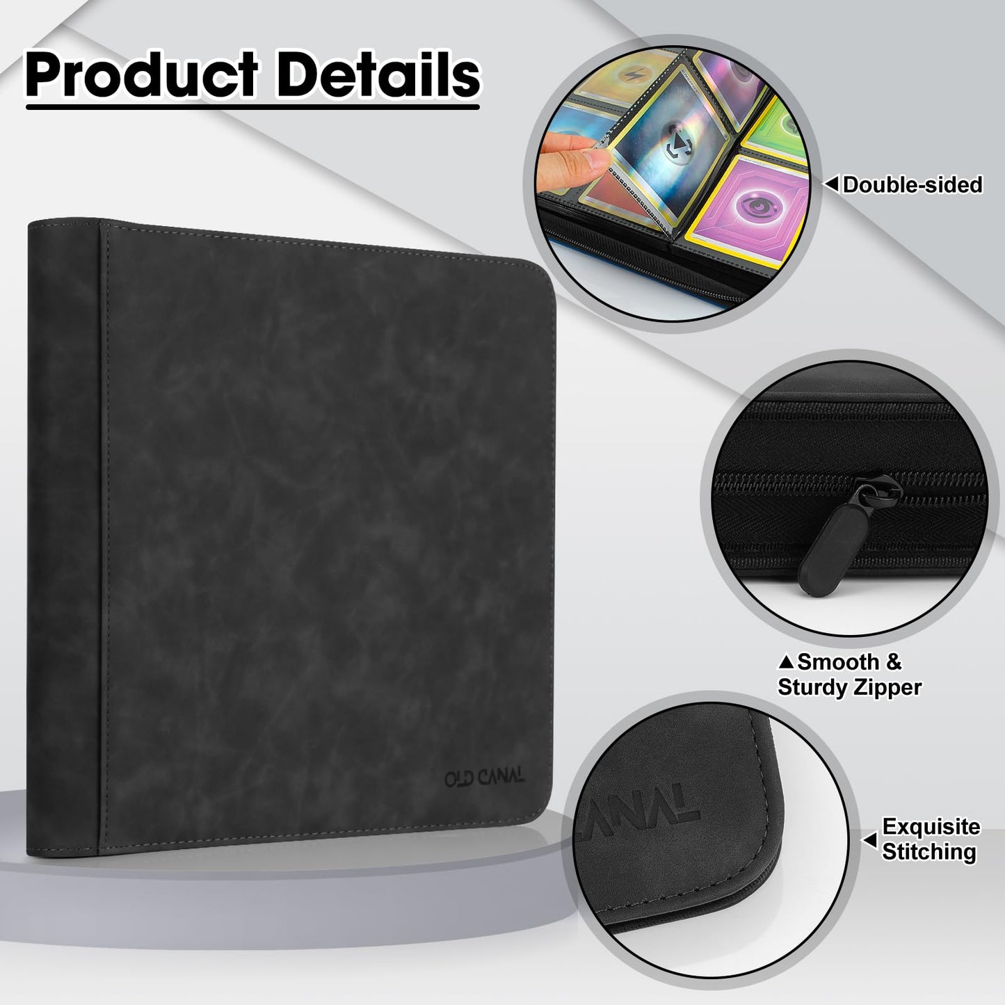Old Canal Trading Card Binder  12 Pocket Card Album Folder Hold Up to 720 Cards  enhanced and Durable Zipper Binder  Cards Holder Album for MTG  TCG  Baseball Cards  Football Cards  Game Cards (Black)