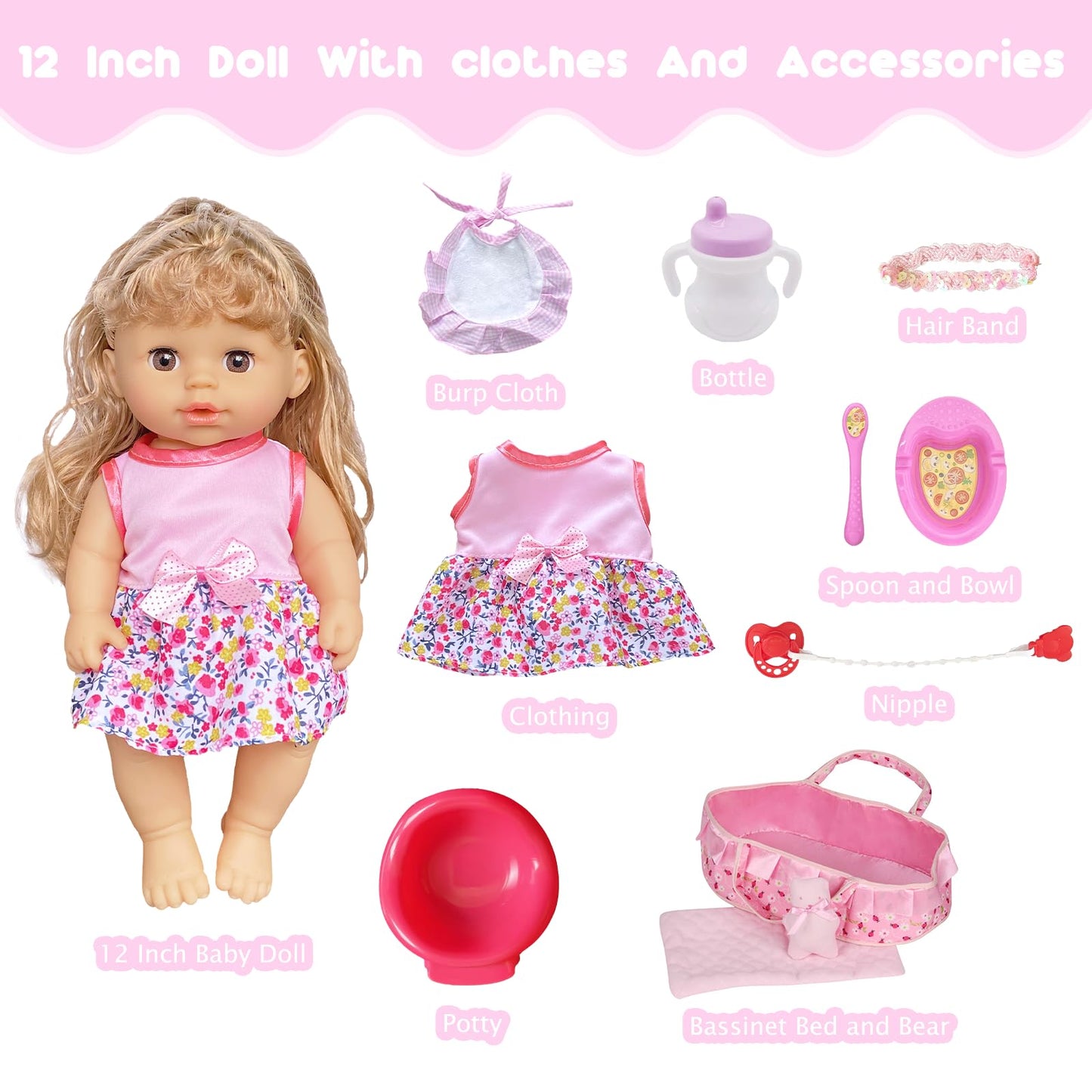 Huang Cheng Toys 10 Pcs 12 Inch Baby Doll With Clothes Lovely Newborn Doll Hairband Potty Burp Cloth Bag Bottle Bowl Spoon For Kid Girls