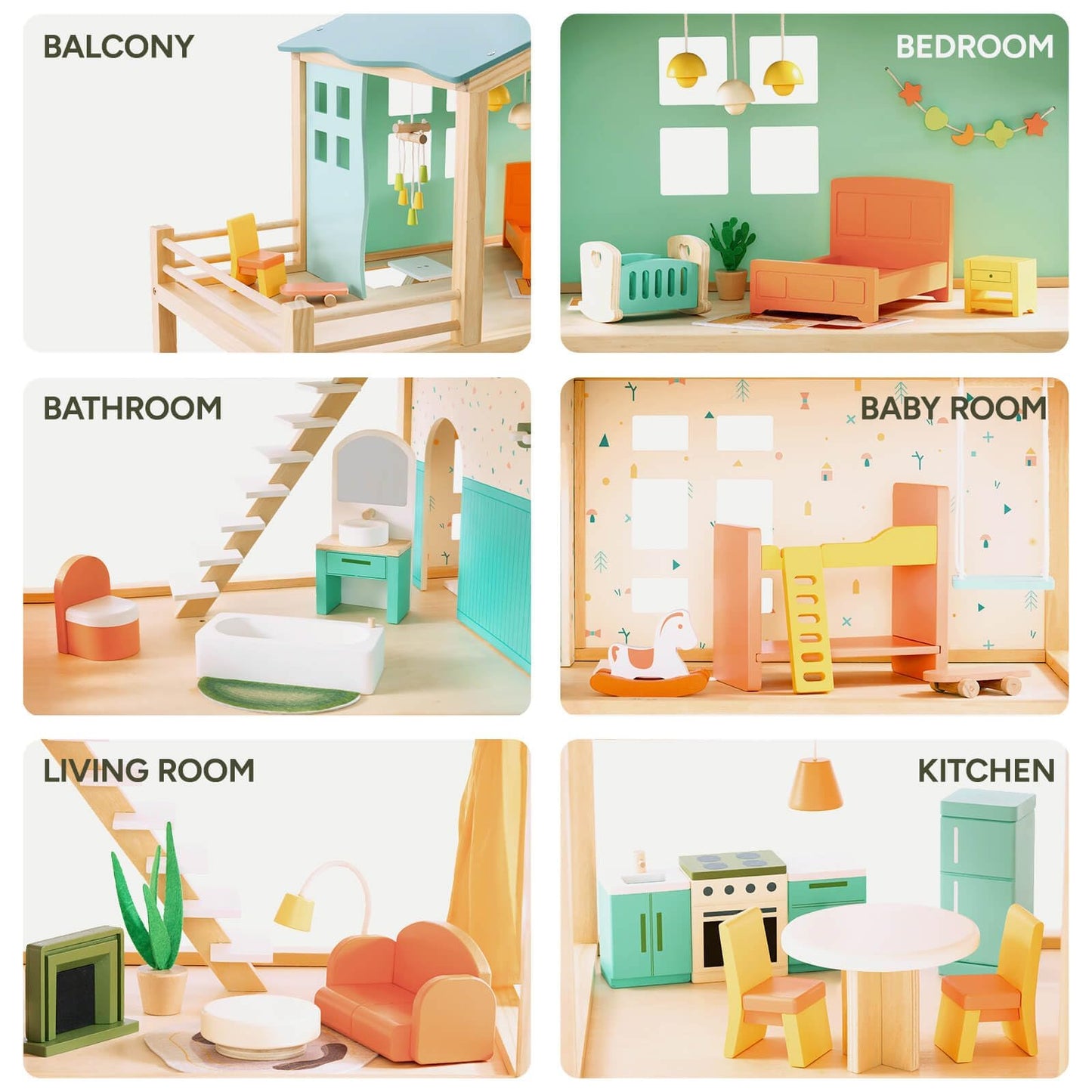 Large Wooden Dollhouse For Girls With 32 Pcs Furniture Accessories, 3-Story Doll House 5 Rooms Balcony Wooden Stairs, Ideal Dollhouse Playset Toy For Kids Ages 3+, 30' X 28' X 13'