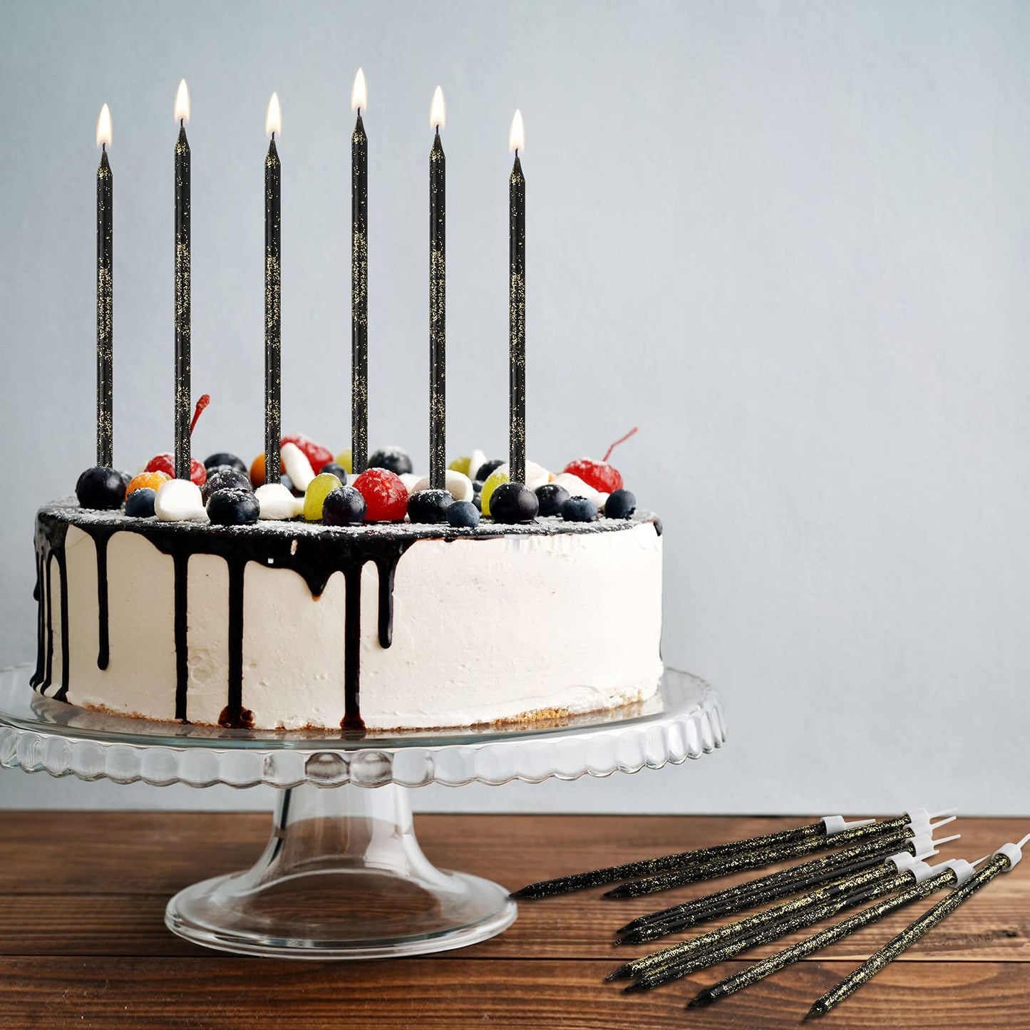 Nuanchu 24 Pieces Black Gold Birthday Cake Candles Long Thin Cupcake Candles Metallic Cake Toppers Candles for Birthday Wedding