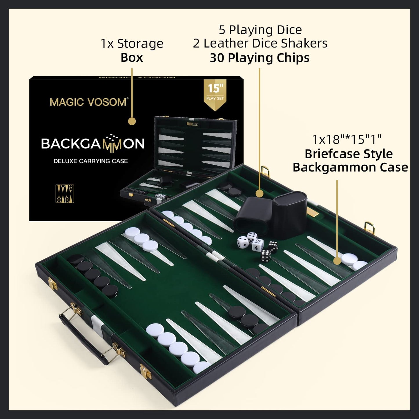 Magic Vosom Travel Medium 15 Inch Backgn Black Sets Classic Board Game with enhanced Leather Case  Portable Travels Strategy Backgn Game Set for mature-themeds  Kids (Black  Medium)