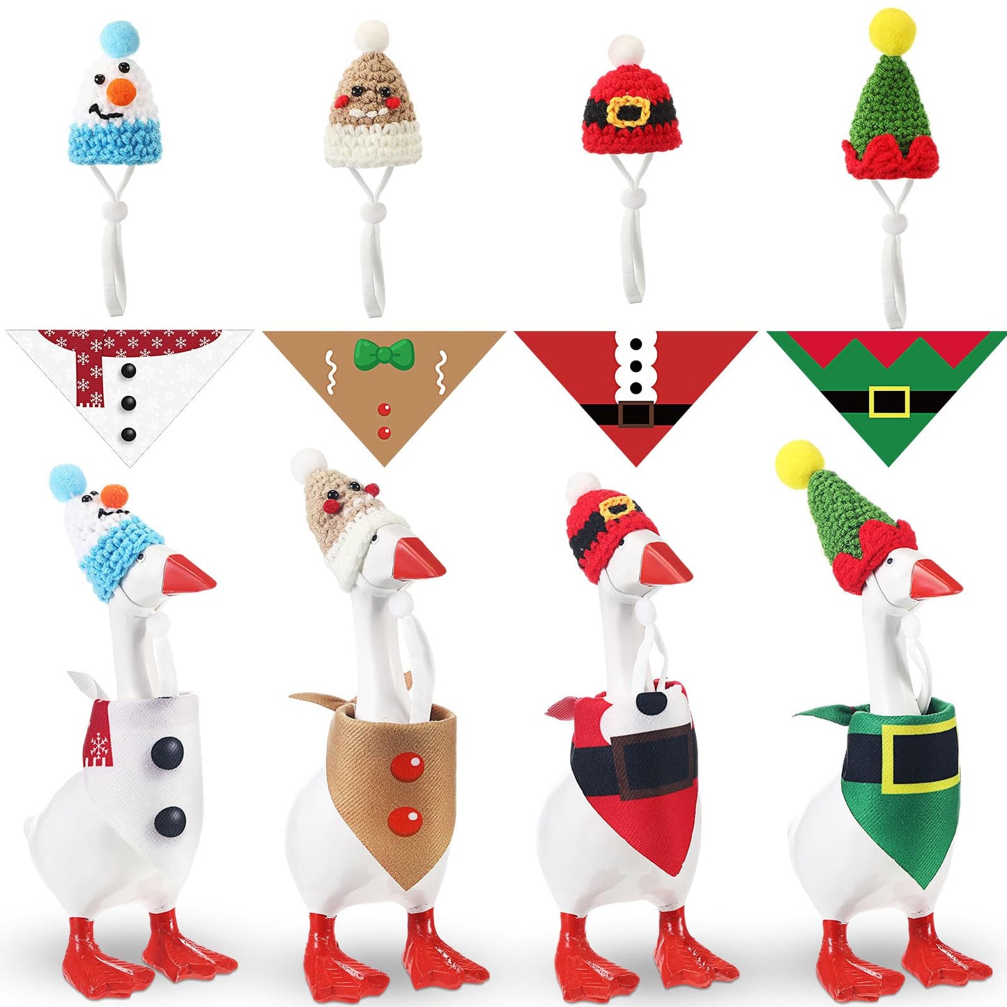Sunnymove 4 Sets Christmas Mini Desk Goose Outfit 7 Inch Magnetic Silly Goose Statue Santa Elf Snowman Gingerbread Men Costume w