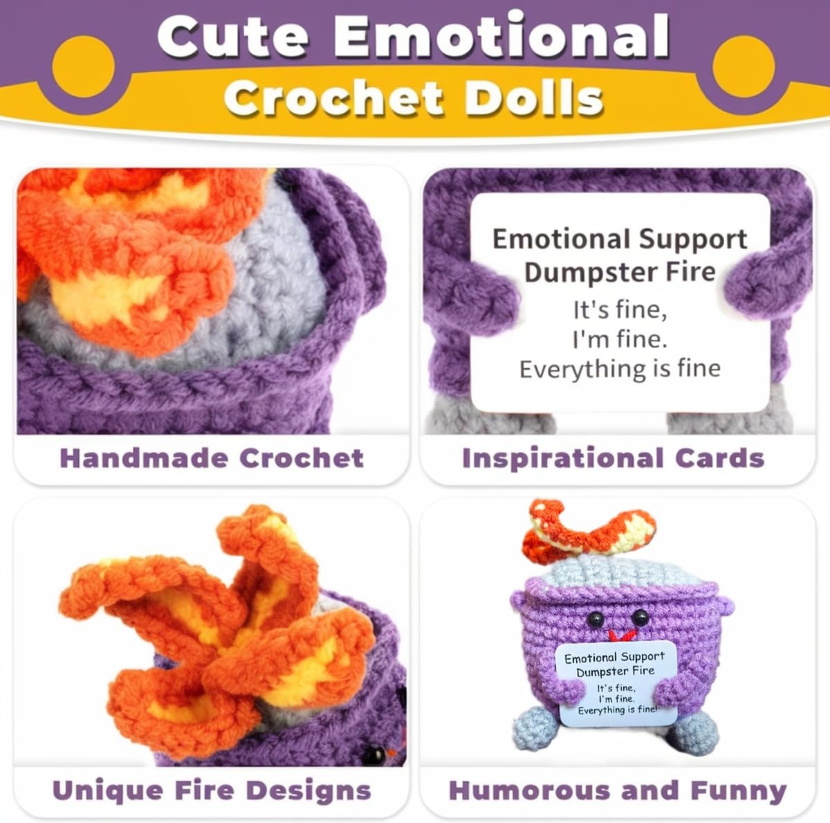 MORDUEDDE Crochet Dumpster Fire, Emotional Support Dumpster Fire Plush Handmade, Positive Dumpster Fire Toy Crocheted Gift for M