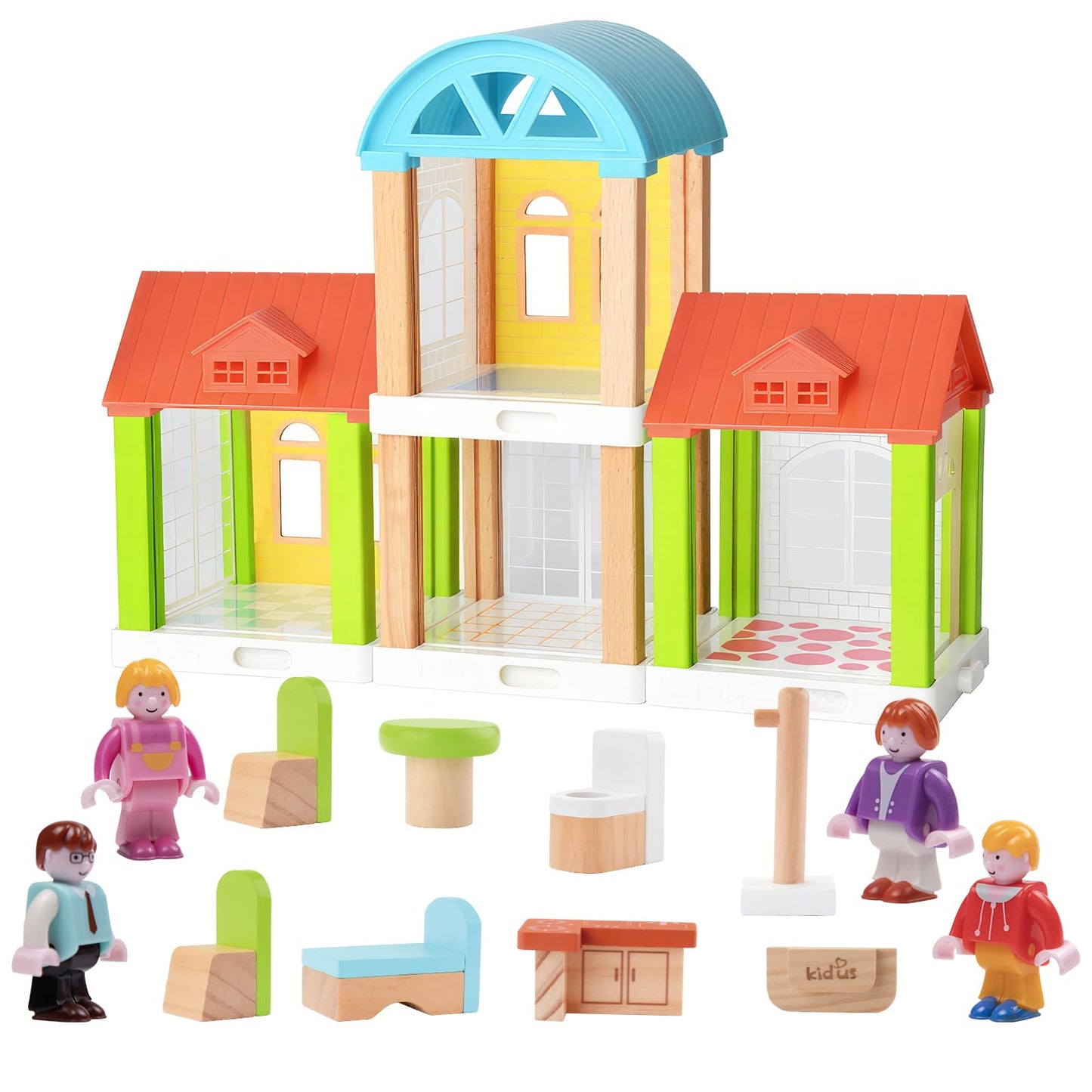 42-Piece Small Wooden Dollhouse Set, 4-Room Family Toy House With 4 Movable Dolls, Diy Doll House Furniture Accessories, Birthday For Kids Ages 3-8 (12.24' L X 4.06' W X 9.44' H)