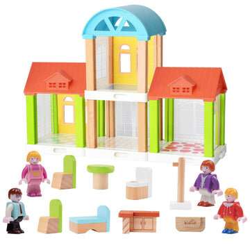 42-Piece Small Wooden Dollhouse Set, 4-Room Family Toy House With 4 Movable Dolls, Diy Doll House Furniture Accessories, Birthday For Kids Ages 3-8 (12.24' L X 4.06' W X 9.44' H)