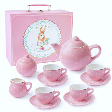 Jewelkeeper Tea Set for Little Girls - 14-Piece Porcelain Tea Party Set for Children Includes Teapot, Cups, Saucers, Creamer, an
