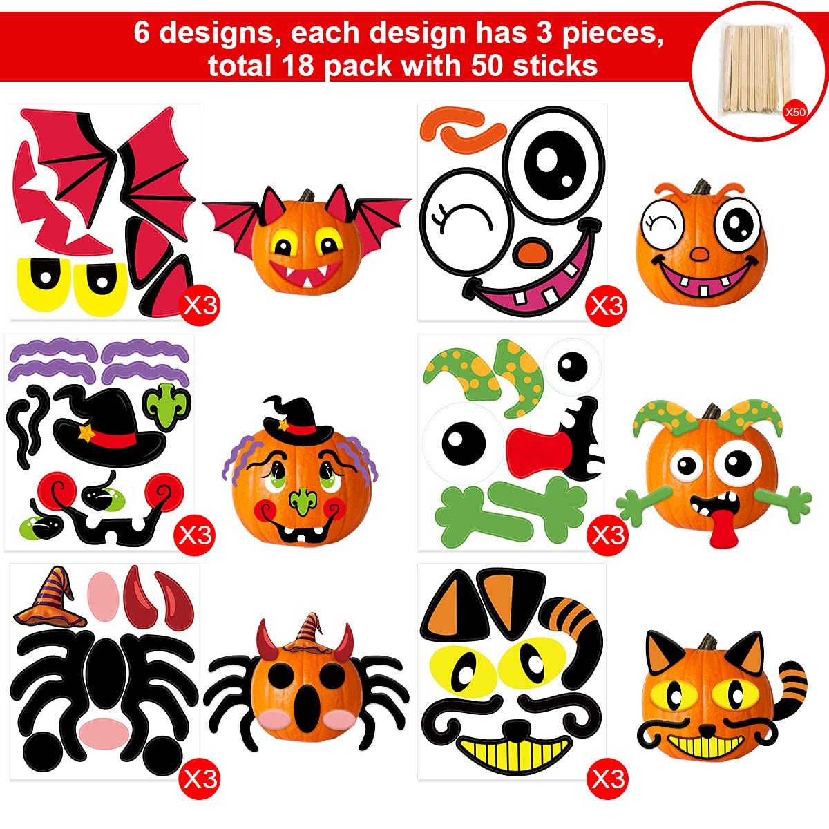 Pumpkin Decorating Kits for Kids Craft Foam Stickers for Party Favor Supplies 18 Pack