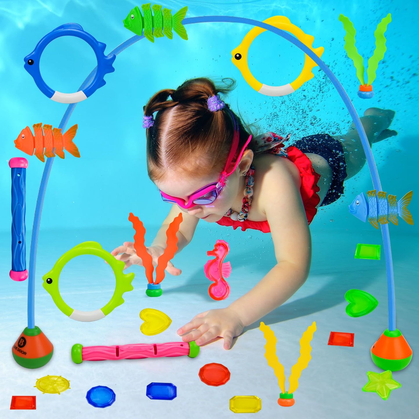 YGSEPCC 45 Pcs Pool Diving Swimming Toys for Kids Ages 3-12 Summer Pool Game Toys Set with Diving Door Diving Stick Fish Ring Ge