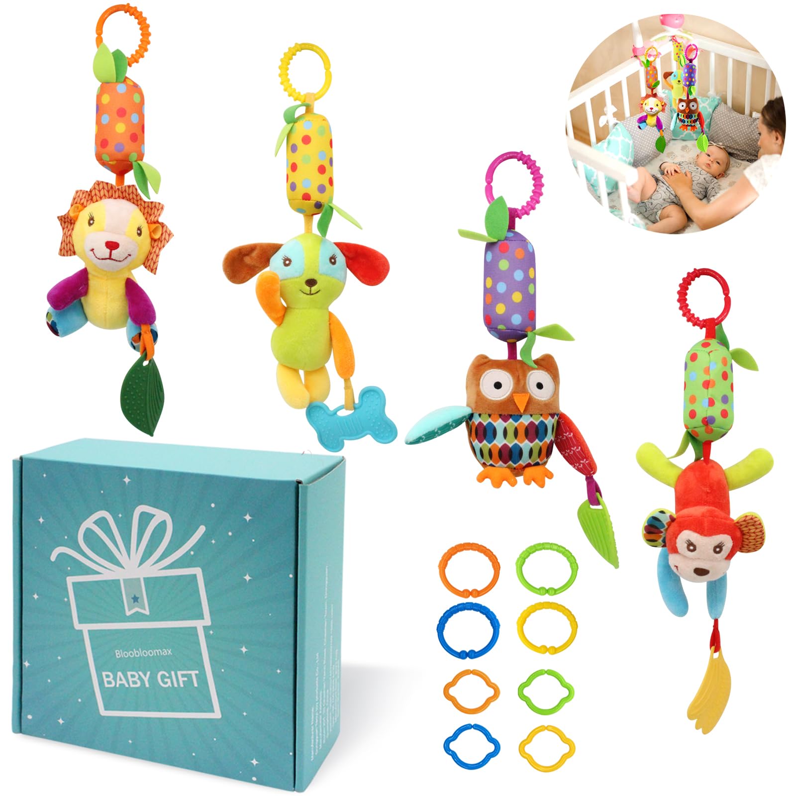 Bloobloomax Baby Soft Hanging Rattle, Car Seat Stroller Toys With Plush Animal C-Clip Ring For Infant Babies Boys And Girls 3 6 9 To 12 Months (12Pcs-A)