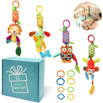 Bloobloomax Baby Soft Hanging Rattle, Car Seat Stroller Toys With Plush Animal C-Clip Ring For Infant Babies Boys And Girls 3 6 9 To 12 Months (12Pcs-A)