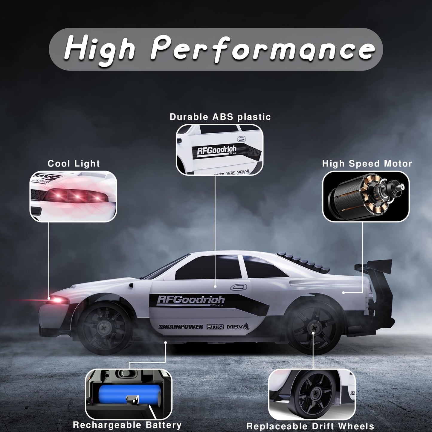 YUAN PLAN 2.4GHz High Speed RC Drift Car, LED Lights, 4WD, Two Batteries Included, Drift Tires, for Kids & Adults, White