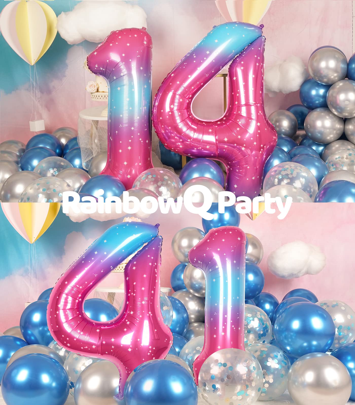 RainbowQ 14 Inch Number Balloons - Large Foil Mylar 0-9 in Pink Blue for Birthday Party Decorations