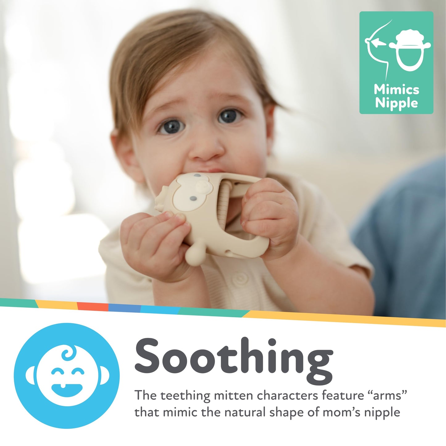 Nuby Silicone Wrist Teething Mitten - Baby Teether Ring - 3+ Months - Provides Teething Relief for Babies and Toddlers - Brown M