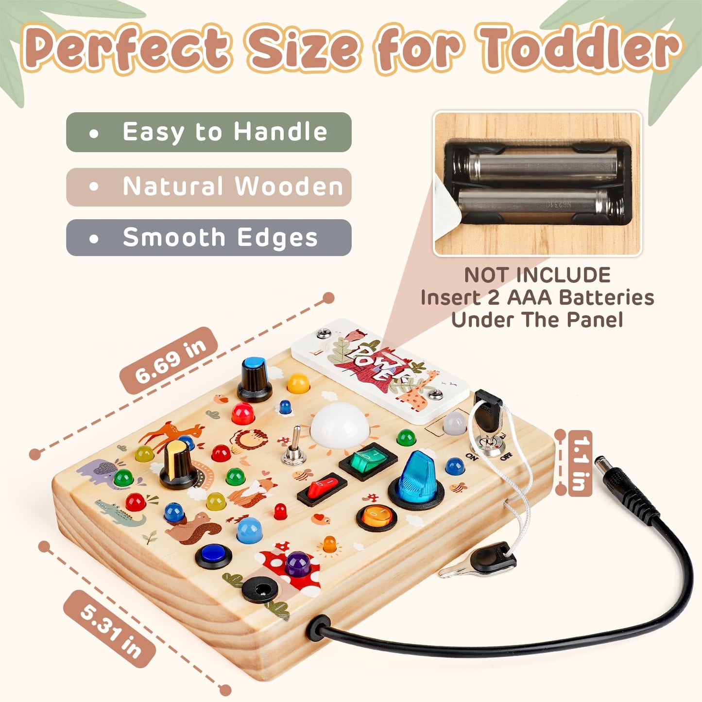 Joyreal Wooden Busy Board with LED Lights, Montessori Sensory Toy for Toddlers, Fidget Board for Fine Motor Skills, Forest Theme