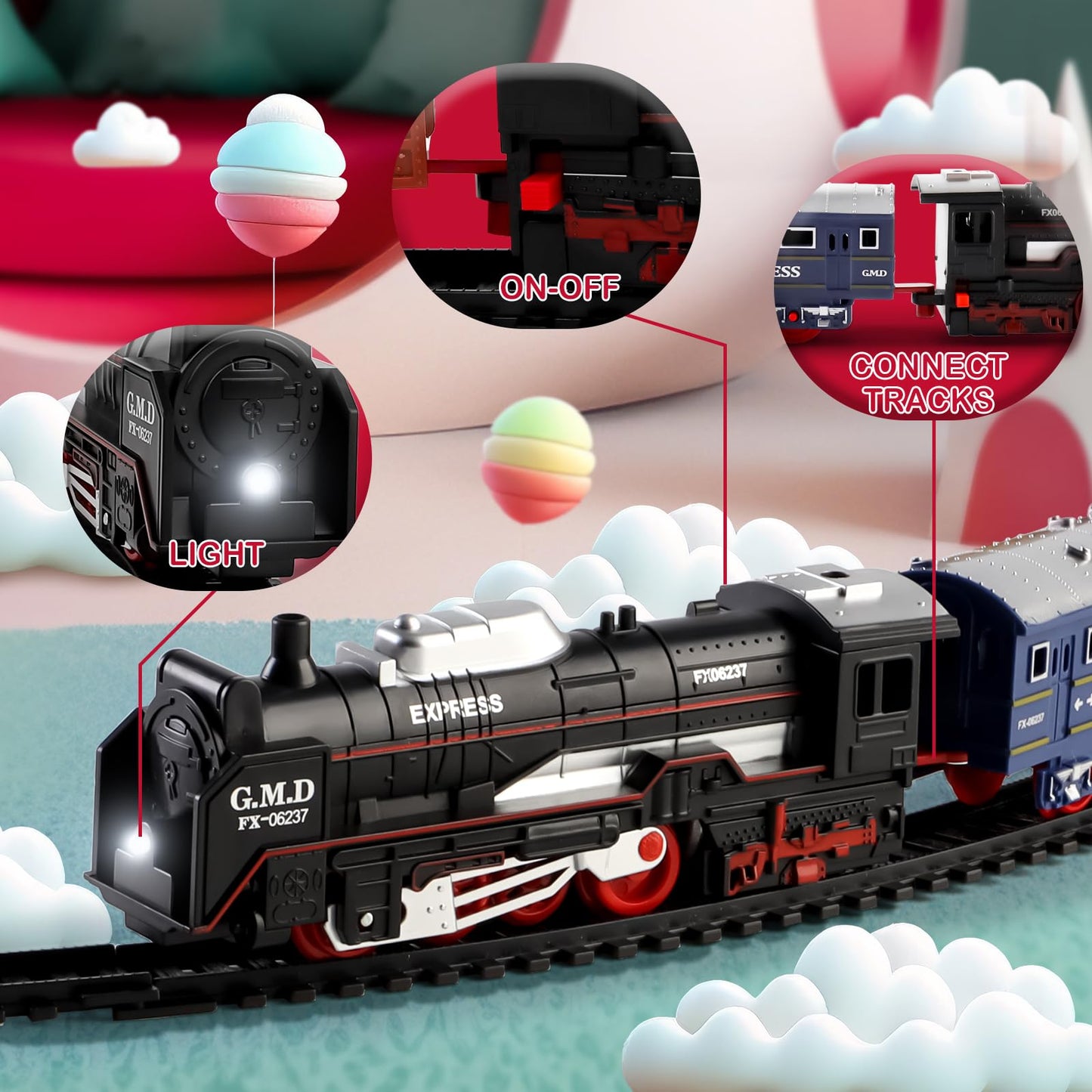 Deao Christmas Train Set Toys For Kids, Toy Train Track Locomotive Engine Battery Powered Railway Kits With Road Signs And Tracks