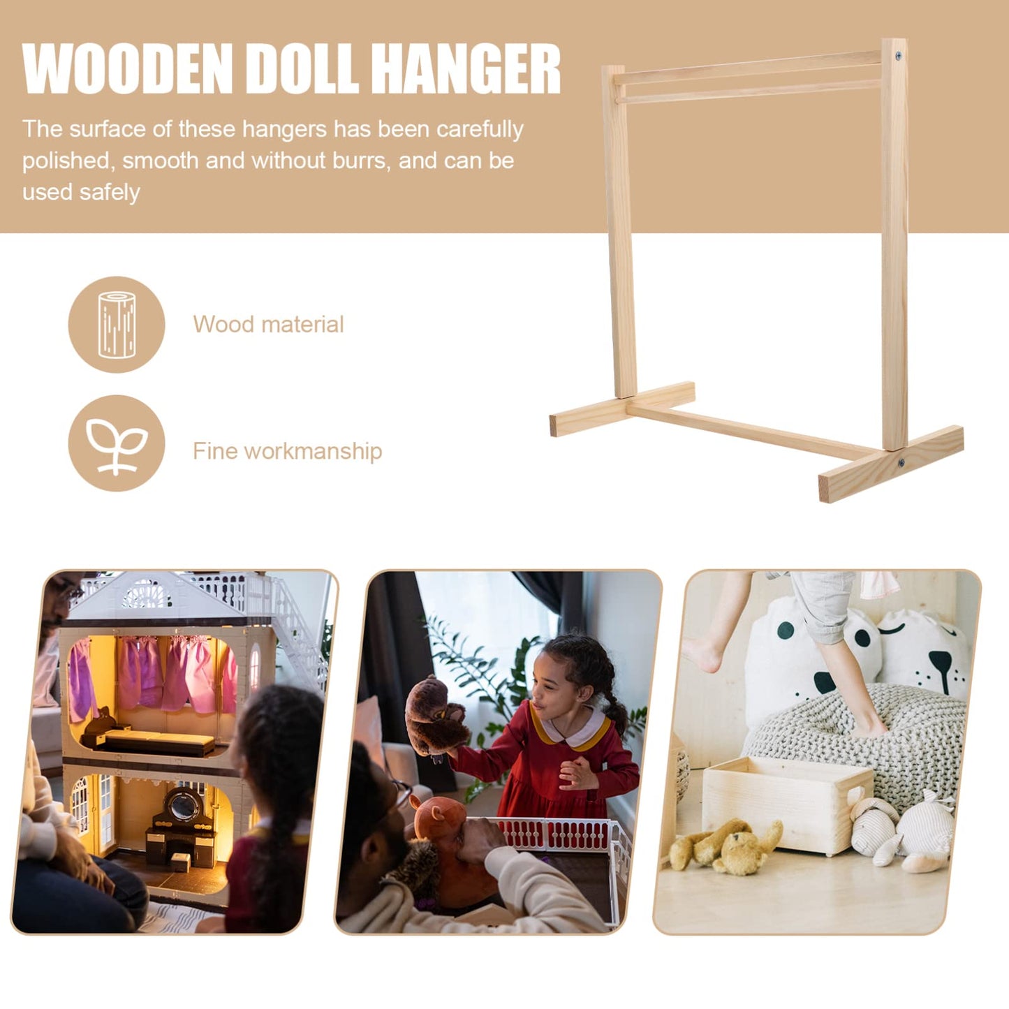 Tofficu Doll Clothes Organizer Wooden Garment Hanger For Dolls Single Rack For And Storage For Boys And Girls Clothes