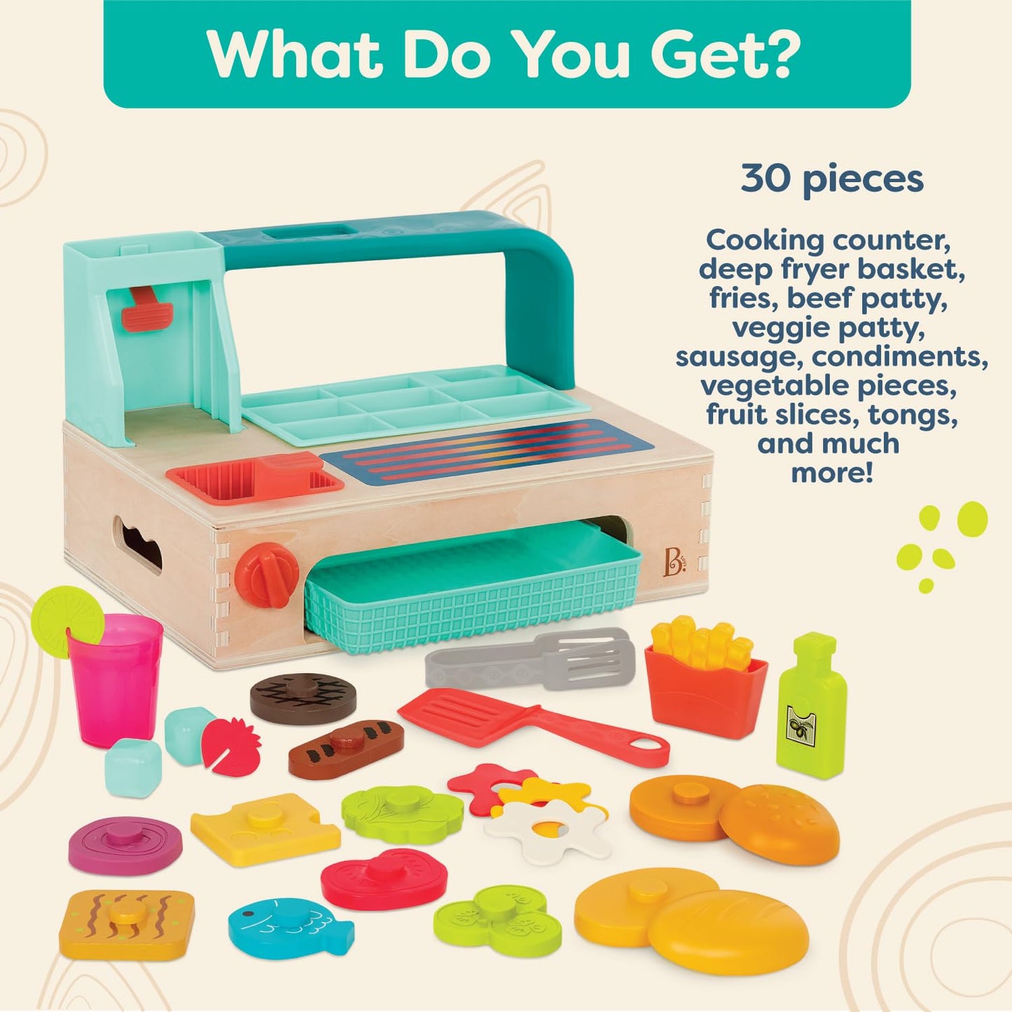 B. toys- Mini Chef - Build-a-Burger Playset- Pretend Play Wooden Burger Play Set - Play Food & Role-Play Accessories - Cooking T