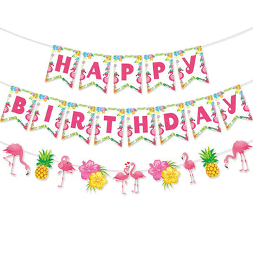 Zwiebeco Flamingo Birthday Party Decoration,Tropical Hawaiian Summer Theme Party Supplies,Flamingo Pineapple Banner Bunting Garl