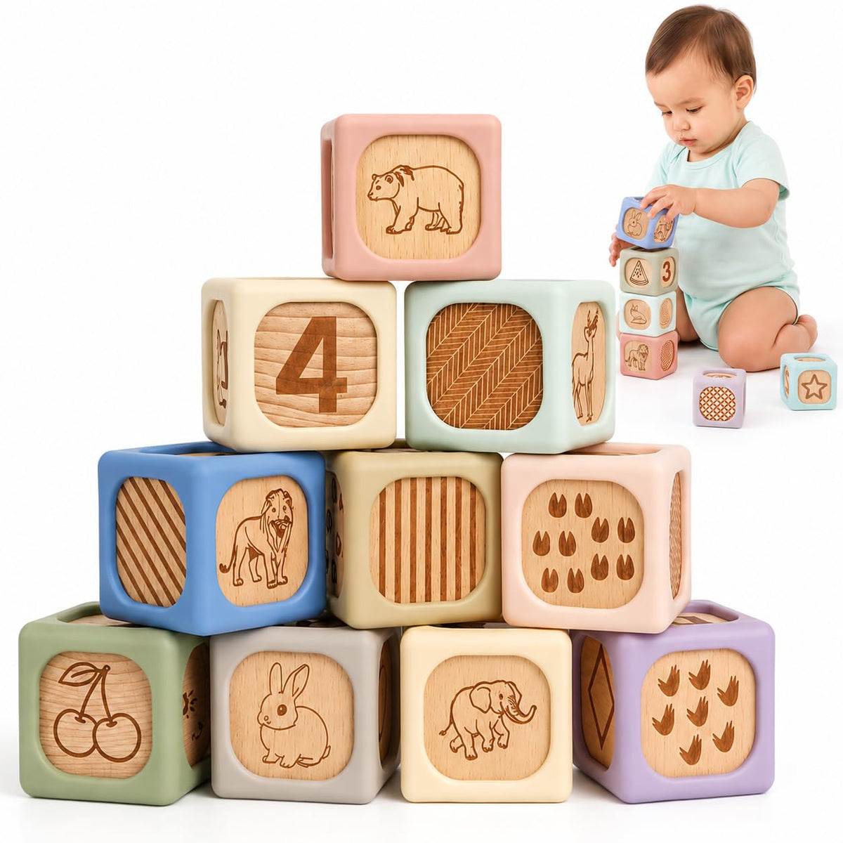 FLEXTRIX Silicone Wooden Baby Blocks, 10PCS Montessori Stacking Blocks for Babies 6M+, FoodGrade Silicone Baby Toy with Natural