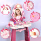 Toddler Makeup Table Toy With Mirror And Chair, Kids Pretend Play Vanity Set With Lights And Sounds Hairdryer, Make Up Accessori