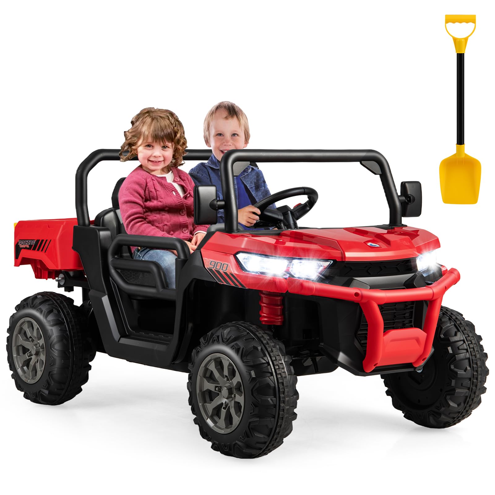 Costzon 24V Ride On Car, 2-Seater Electric Dump Truck W/Remote Control, Dump Bed & Shovel, 4 Spring Suspensions, Kids Utv W/Dual Rpm20000 Motors, Music, Wireless Design, Electric Car For Kids (Red)