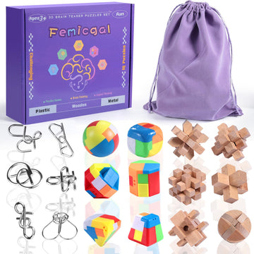 Femicgal Brain Teaser Puzzles For Adults And Kids, 18Pcs Puzzle Games Set, 3D Wooden Plastic Metal Puzzle, Unlock Interlock Mind