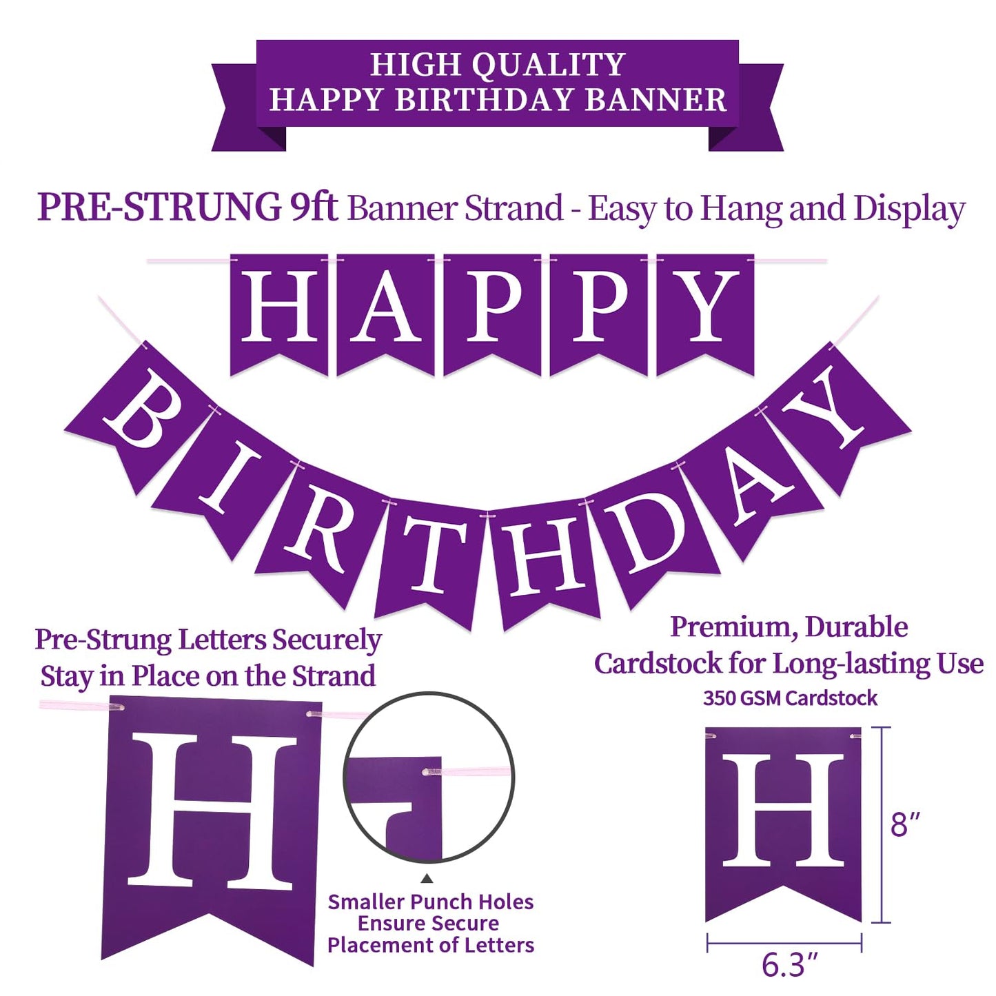 LITAUS, Birthday Decorations, NO DIY - Pack of 16 | Purple Happy Birthday Banner, Honeycomb Balls, Swirls, Garland | Happy Birth