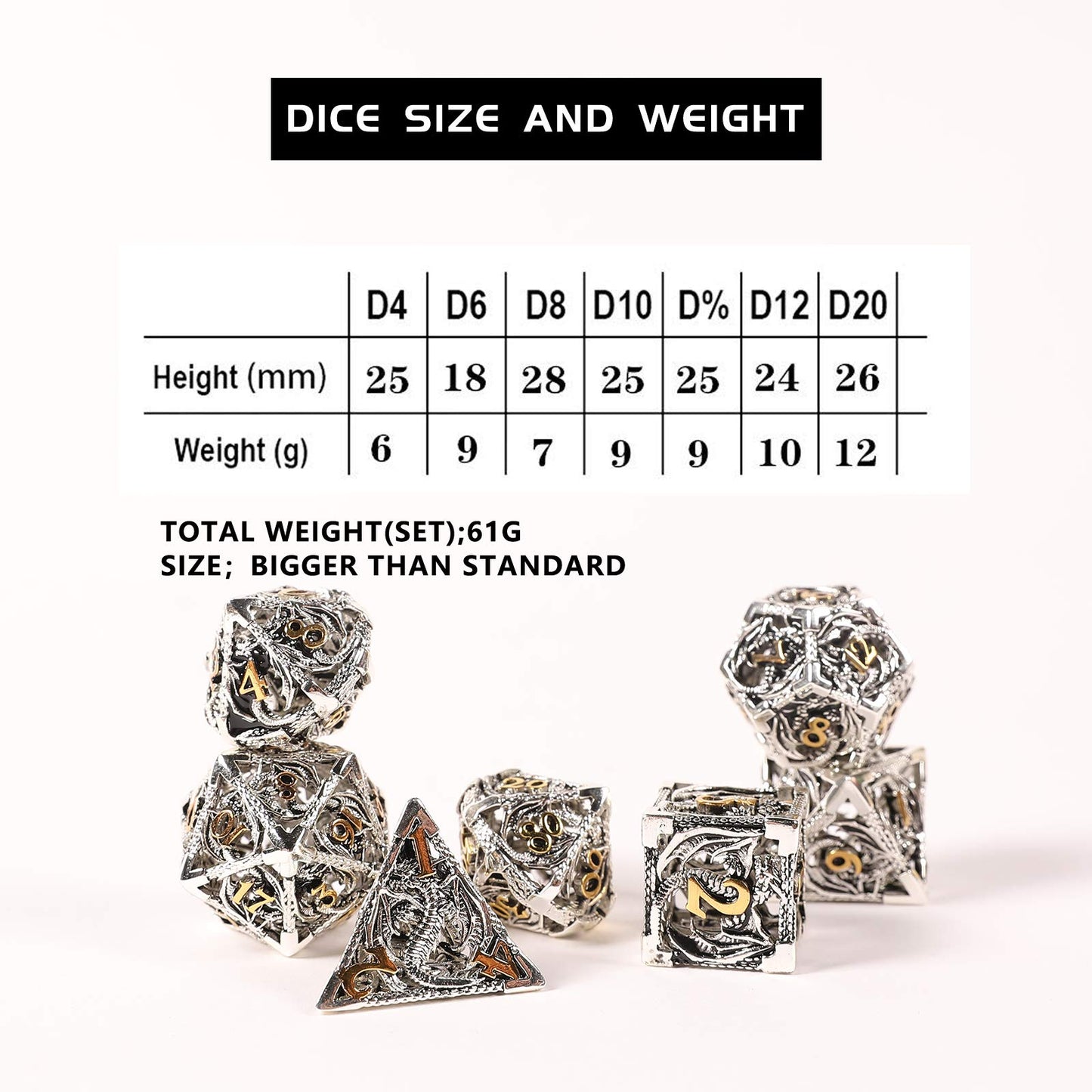 Ancient Deer 7pcs Metal Dice Set - Silver Dragon Pattern for D&D, RPG, MTG, Pathfinder, Tabletop Games