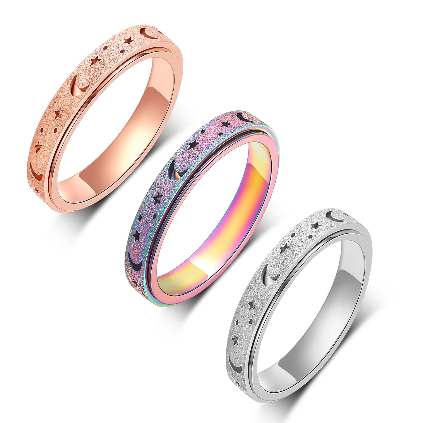Luckyamor Fidget Anxiety Ring For Women-3Pcs 4Mm Rainbow Rose Gold Silver Moon Star Hollow Stainless Steel Spinner Rings For Anx