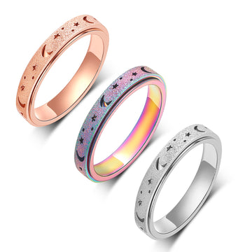 Luckyamor Fidget Anxiety Ring For Women-3Pcs 4Mm Rainbow Rose Gold Silver Moon Star Hollow Stainless Steel Spinner Rings For Anx