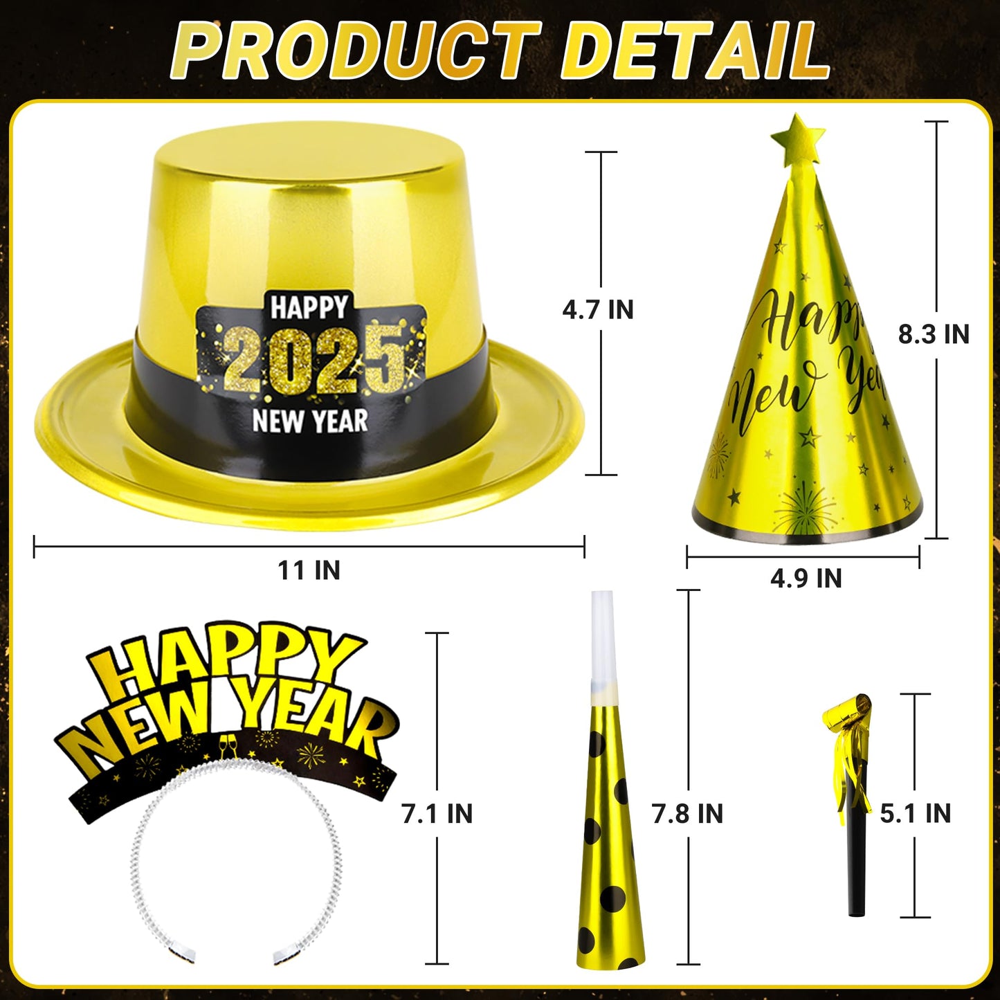 48PCS New Years Eve Party Supplies for 24 Guests - Happy New Year Headband, Gold Black Party Favors, Cone Hats, Horns, Blowouts