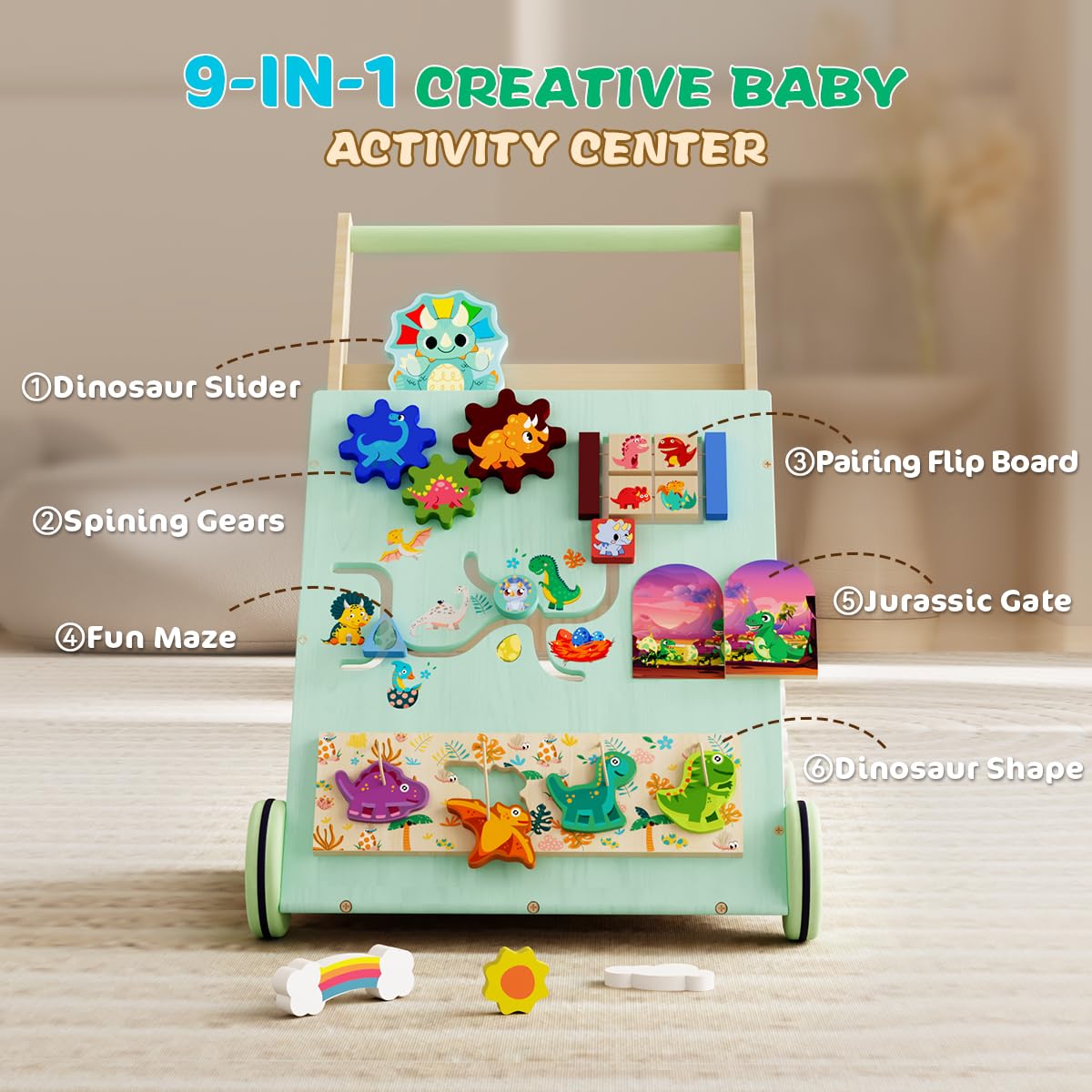 Terramus Wooden Baby Walker, Dinosaur Toddler Push Walker, Montessori Learning Activity Center For Boys Girls, Develops Motor Sk