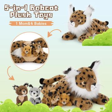 Muiteiur 5 Piece Lynx Stuffed Animals, Soft Bobcat Stuffed Animals With Babies,18-Inch Plush Toy For Kids Girls Boys, Gift For B