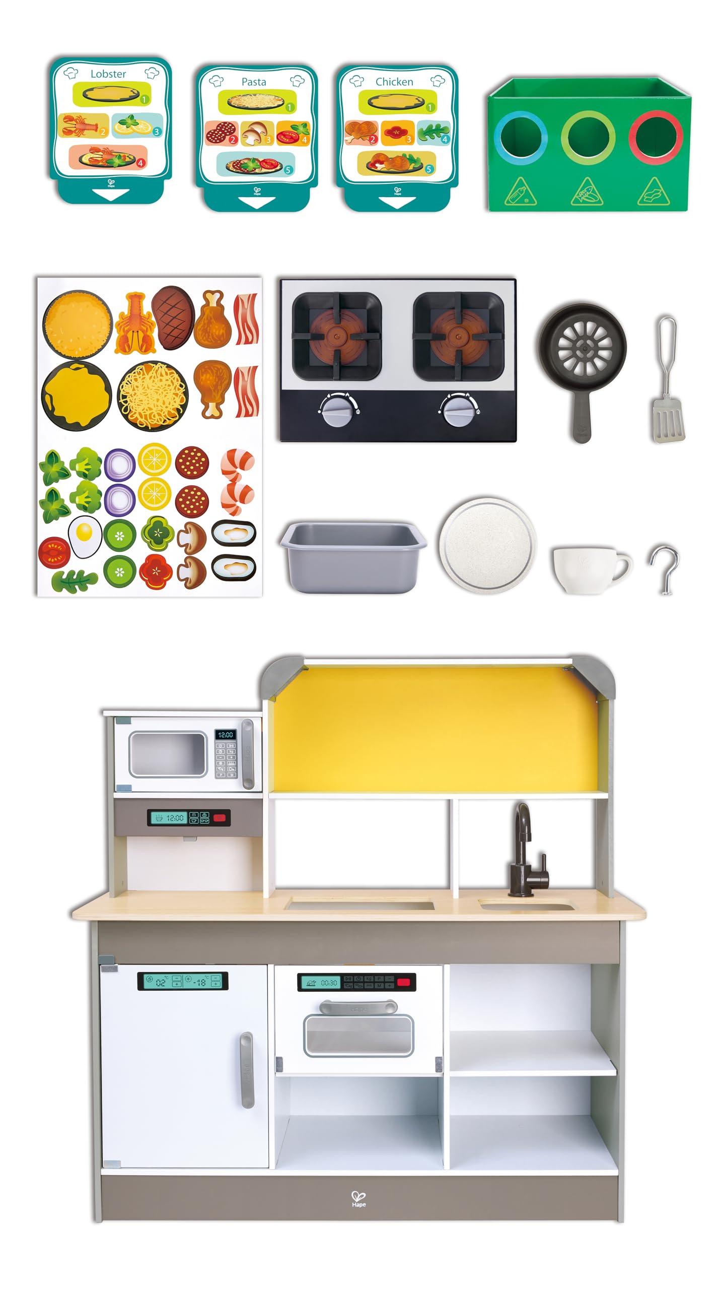 Hape E3177 Deluxe Game Kitchen With Microwave, Coffee Maker, Refrigerator, Oven, Hob With Frying Pan Fun With Many Accessories, From 3 Years, L: 34.9, W: 11.7, H: 35.4 Inch
