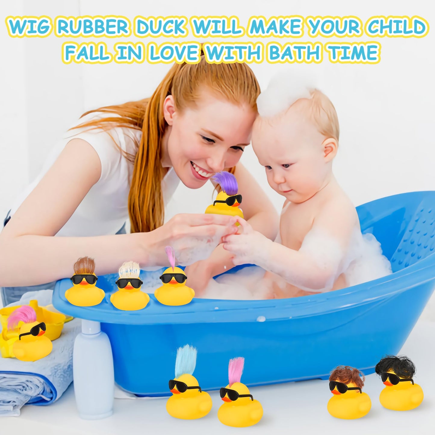 Rubber Ducks Bath Toys with Wig and Black Sunglasses, 12 PCS Cute and Funny Mini Rubber Ducks Bathtub Toys Shower Toys for Birth