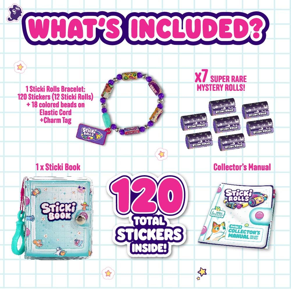 STICKI ROLLS Sticki Book - Wearable Sticker Bracelet with 120 Mini Stickers, Multicolored, 3.66 x 4.21 x 1.42 inches,