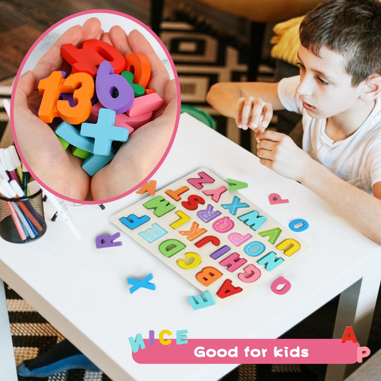 Amor Present Wooden Puzzles For Toddlers, Alphabet And Number Shape Puzzle Board, Preschool Learning Educational Toys For Kids