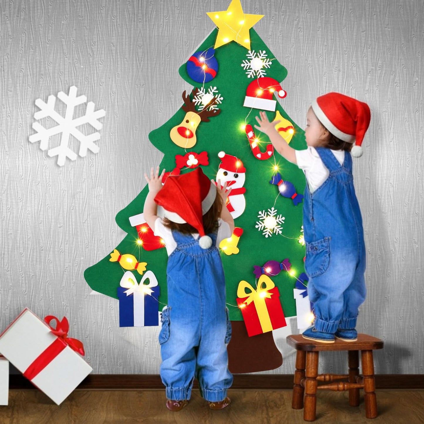 3FT DIY Felt Christmas Tree for Kids with 31pcs Detachable Ornaments,Wall Hanging Xmas Christmas Decorations with String Light (