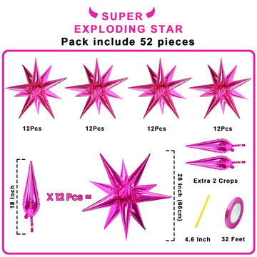 Funtoob Hot Pink Balloons Star Balloons Metallic Star Foil Balloons Hot Pink Star Cone Balloons Starburst Balloon Spike Balloons